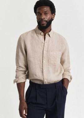 GANT - Gant ανδρικό λινό πουκάμισο button down με τσέπη και κεντημένο λογότυπο Regular Fit - 3240120 Καφέ Latte
