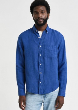 GANT - Gant ανδρικό λινό πουκάμισο button down με τσέπη και κεντημένο λογότυπο Regular Fit - 3240120 Μπλε