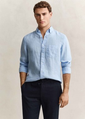 GANT - Gant ανδρικό λινό πουκάμισο button down με τσέπη και κεντημένο λογότυπο Regular Fit - 3240120 Γαλάζιο
