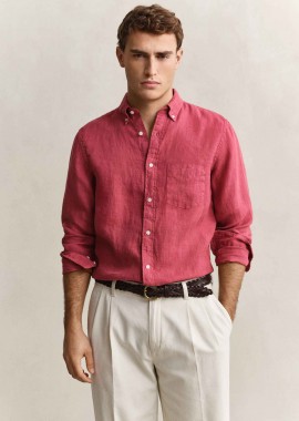 Gant ανδρικό λινό πουκάμισο button down με τσέπη και κεντημένο λογότυπο Regular Fit - 3240120 Κόκκινο Scarlet