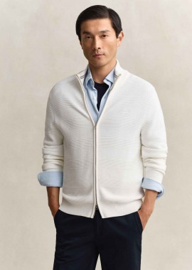 Gant ανδρική πλεκτή ζακέτα textured με λογότυπο Regular Fit - 8030278 Λευκό