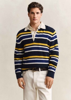 GANT - Gant ανδρικό πουλόβερ ribbed με γιακά και ριγέ σχέδιο Regular Fit - 8030283 Μπλε Σκούρο
