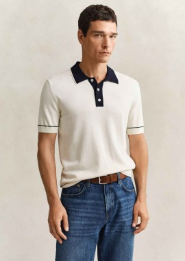 GANT - Gant ανδρική πλεκτή μπλούζα πόλο με λογότυπο Regular Fit - 8030287 Κρέμ
