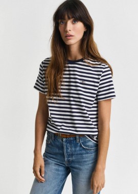 Gant γυναικείο T-shirt με ριγέ σχέδιο και κεντημένο λογότυπο Regular Fit - 4200564 Μπλε Σκούρο