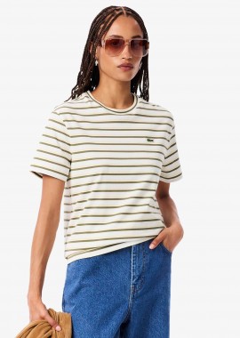 LACOSTE - Lacoste γυναικείο T-shirt με ριγέ σχέδιο και κεντημένο λογότυπο Regular Fit - TF7574-00 Εκρού