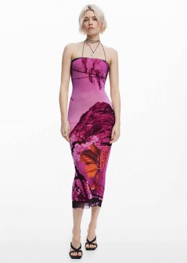 Desigual γυναικείο φόρεμα midi στράπλες με print 