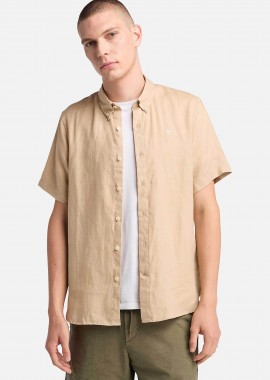 Timberland ανδρικό λινό πουκάμισο button down κοντομάνικο με κεντημένο tree logo Slim Fit 