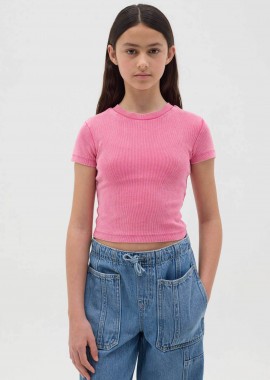 OVS παιδικό T-shirt ribbed μονόχρωμο Slim Fit - 002258178 Ροζ