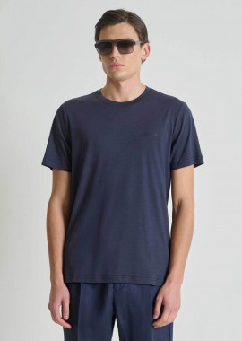 ANTONY MORATO - Antony Morato ανδρικό T-shirt μονόχρωμο με λογότυπο Regular Fit - KS02662FA100231 Μπλε Σκούρο