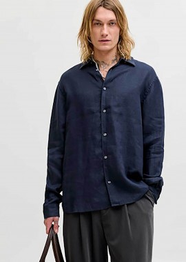 JACK & JONES ανδρικό λινό πουκάμισο Relaxed Fit - 12293563 Μπλε Σκούρο