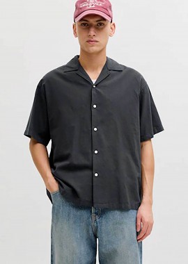 JACK & JONES ανδρικό κοντομάνικο πουκάμισο με λινάρι Relaxed Fit - 12288594 Μαύρο