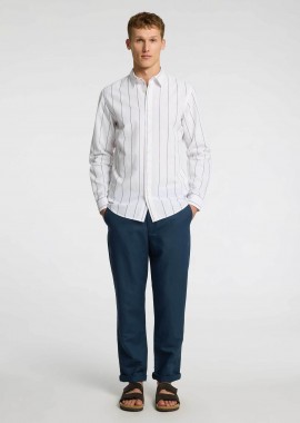 Selected ανδρικό παντελόνι μονόχρωμο με λινό Straight Fit - 16096754 Μπλε Σκούρο