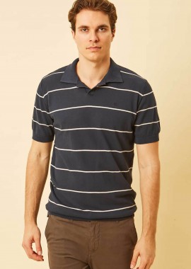 DORS - DORS ανδρική πλεκτή μπλούζα πόλο με V open-collar και ριγέ σχέδιο Regular Fit - 1240004.C02 Μπλε Σκούρο