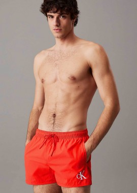 CALVIN KLEIN - Calvin Klein ανδρικό μαγιό μονόχρωμο με λογότυπο - KM0KM01100 Κόκκινο