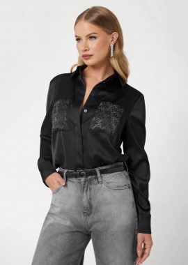 GUESS - Guess γυναικείο πουκάμισο σατέν με τσέπες στο στήθος με logo print Regular Fit - W5RH40WFQC2 Μαύρο