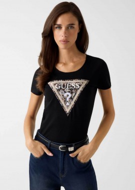 GUESS - Guess γυναικείο T-shirt και ανάγλυφο λογότυπο με στρας Slim Fit - W6RI32J1314 Μαύρο