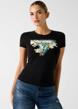 GUESS - Guess γυναικείο T-shirt με ανάγλυφο λογότυπο με στρας Slim Fit - W6RI35J1314 Μαύρο