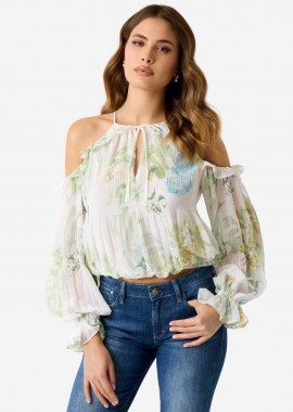 Guess γυναικεία μπλούζα floral print off shoulder - W6GH94W2397 Πράσινο Ανοιχτό
