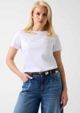 GUESS - Guess γυναικείο T-shirt και ανάγλυφο λογότυπο με στρας Regular Fit - W6GI08K3023 Λευκό