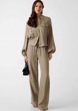 GUESS - Guess γυναικείο ψηλόμεσο παντελόνι Flared Fit - W6GB07W1781 Καφέ Ανοιχτό