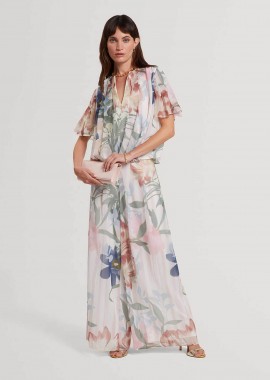 Ted Baker γυναικείο ψηλόμεσο παντελόνι πλισέ με floral print Wide Leg 