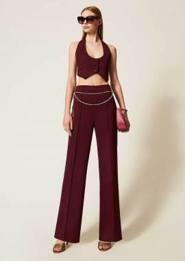 TWINSET - Twinset γυναικείο παντελόνι crepe ψηλόμεσο με ζώνη - 252TP2281 Μπορντό