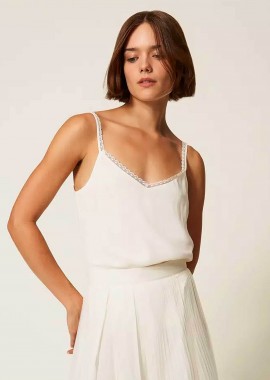 TWINSET - Twinset γυναικείο αμάνικο τοπ με μετάξι Straight Fit - 252TT2411 Εκρού