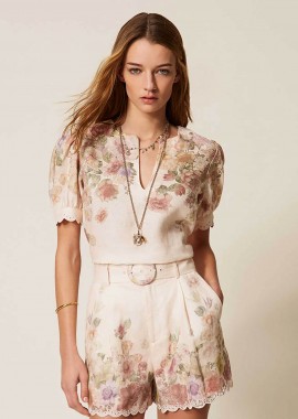 Twinset γυναικείο σορτς λινό με floral σχέδιο - 261TT2572 Ροζ