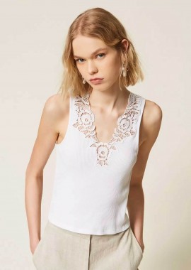 TWINSET - Twinset γυναικείο τοπ αμάνικο με δαντέλα - 261TT2360 Λευκό