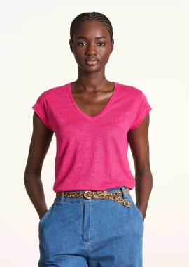 LA FEE MARABOUTEE - La Fée Maraboutée γυναικείο λινό T-shirt με V Straight Cut - FA-TS-DAVIA Φούξια