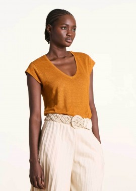 LA FEE MARABOUTEE - La Fée Maraboutée γυναικείο λινό T-shirt με V Straight Cut - FA-TS-DAVIA Πορτοκαλί