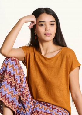 La Fée Maraboutée γυναικείο λινό T-shirt μονόχρωμο Straight Cut - FH-TS-VIRANO Πορτοκαλί