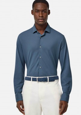 Boggi Milano ανδρικό πουκάμισο πικέ μονόχρωμο Regular Fit - BO25P003407 Μπλε