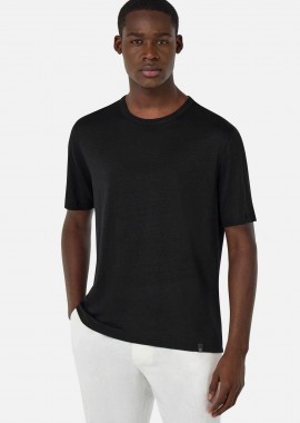 BOGGI MILANO - Boggi Milano ανδρικό λινό T-shirt μονόχρωμο Regular Fit - BO25P034912 Μαύρο