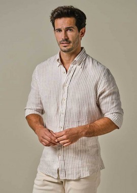 PROFUOMO - Profuomo ανδρικό λινό πουκάμισο button down με ριγέ σχέδιο Slim Fit - PPWH10022C Μπεζ