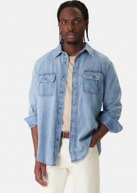 TOMMY JEANS - Tommy Jeans ανδρικό denim πουκάμισο με λογότυπο Relaxed Fit - DM0DM22304 Denim Blue