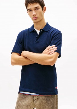 TOMMY JEANS - Tommy Jeans ανδρική μπλούζα πόλο με waffle σχέδιο Regular Fit - DM0DM22703 Μπλε Σκούρο