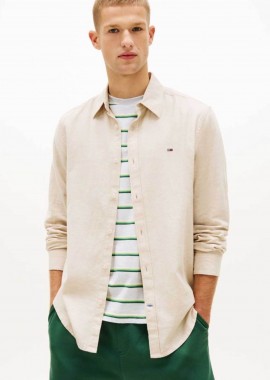 TOMMY JEANS - Tommy Jeans ανδρικό πουκάμισο με λινό με λογότυπο Regular Fit - DM0DM22761 Μπεζ