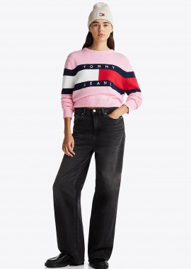Tommy Jeans γυναικείο ψηλόμεσο τζιν παντελόνι πεντάτσεπο με logo patch Wide Leg - DW0DW19578 Μαύρο