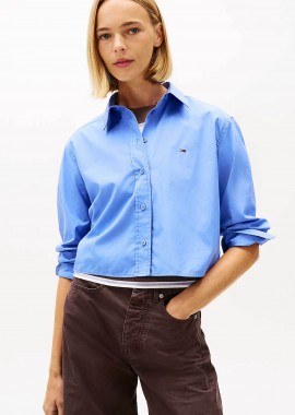 Tommy Jeans γυναικείο πουκάμισο cropped με λογότυπο Relaxed Fit - DW0DW22078 Μπλε Ανοιχτό