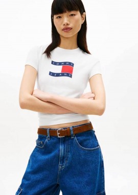 TOMMY JEANS - Tommy Jeans γυναικείο T-shirt με wavy flag print Slim Fit - DW0DW22781 Λευκό