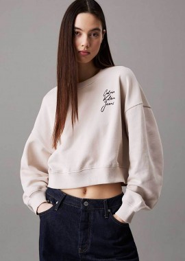 CALVIN KLEIN JEANS - Calvin Klein Jeans γυναικεία μπλούζα φούτερ μονόχρωμη με λογότυπο Boxy Fit - J20J224743 Εκρού