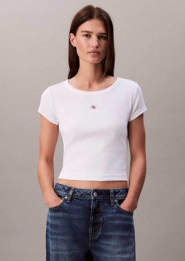 CALVIN KLEIN JEANS - Calvin Klein Jeans γυναικείο T-shirt μονόχρωμο με λογότυπο Slim Fit - LV047C200G Λευκό