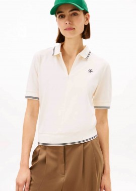 TOMMY HILFIGER - Tommy Hilfiger γυναικεία μπλούζα πόλο πικέ με φερμουάρ και κεντημένο monogram Regular Fit - WW0WW47853 Κρέμ