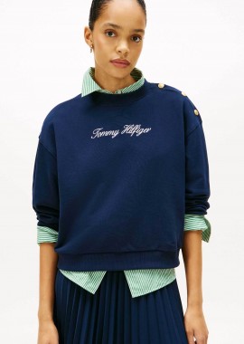 TOMMY HILFIGER - Tommy Hilfiger γυναικεία μπλούζα φούτερ με λογότυπο και διακοσμητικά κουμπιά στον ώμο Regular Fit - WW0WW48783 Μπλε Σκούρο