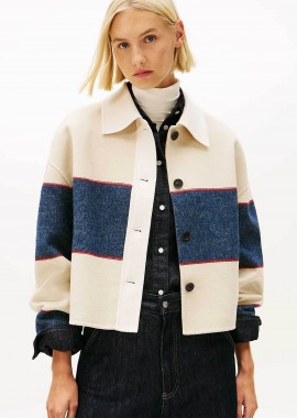 TOMMY HILFIGER - Tommy Hilfiger γυναικείο jacket cropped με rugby stripe pattern Oversized Fit - WW0WW47743 Κρέμ