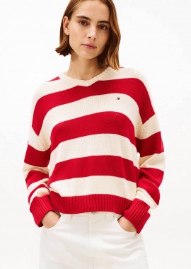 TOMMY HILFIGER - Tommy Hilfiger γυναικείο πουλόβερ με κασμίρι και ριγέ σχέδιο με κεντημένο logo flag Relaxed Fit - WW0WW47655 Κόκκινο