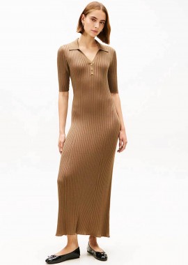 TOMMY HILFIGER - Tommy Hilfiger γυναικείο maxi φόρεμα πόλο ribbed με V Fit & Flared - WW0WW48447 Καφέ