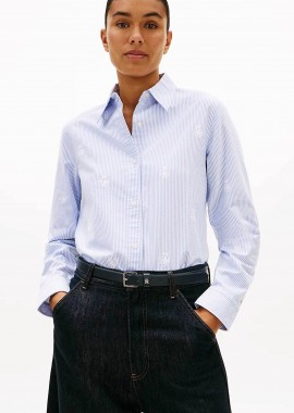 TOMMY HILFIGER - Tommy Hilfiger γυναικείο πουκάμισο με ριγέ σχέδιο και κεντημένο logo crest Relaxed Fit - WW0WW49386 Μπλε Ανοιχτό