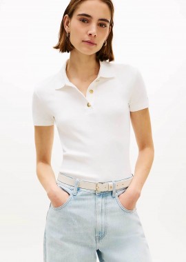TOMMY HILFIGER - Tommy Hilfiger γυναικεία μπλούζα πόλο με χρυσά κουμπιά Slim Fit - WW0WW49252 Εκρού